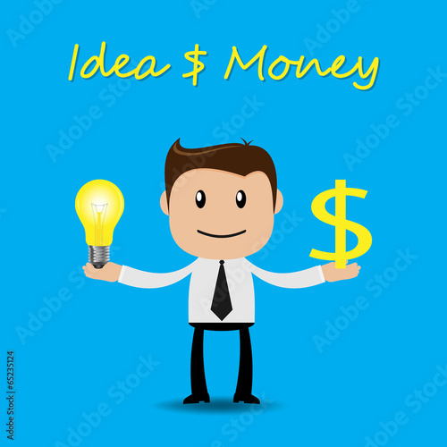 Businessman character with ideas and money concept