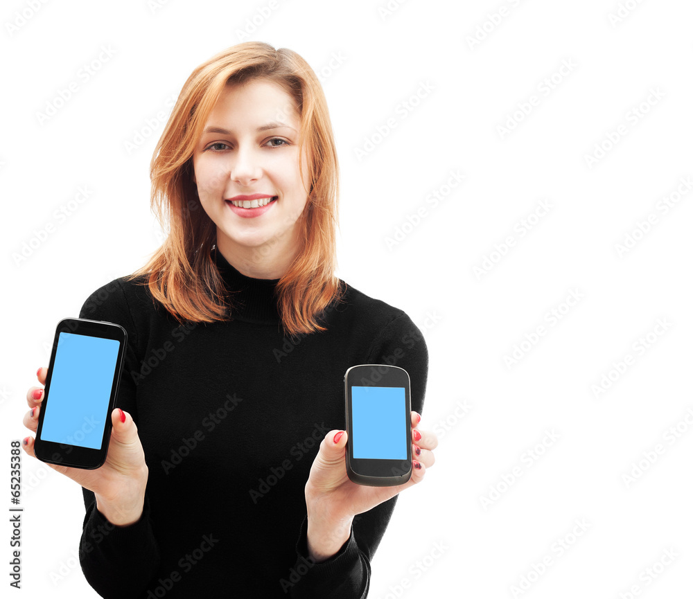 girl holding two smartphone isolated on white background
