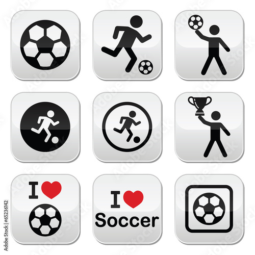 I love football or soccer, man kicking ball vector buttons set
