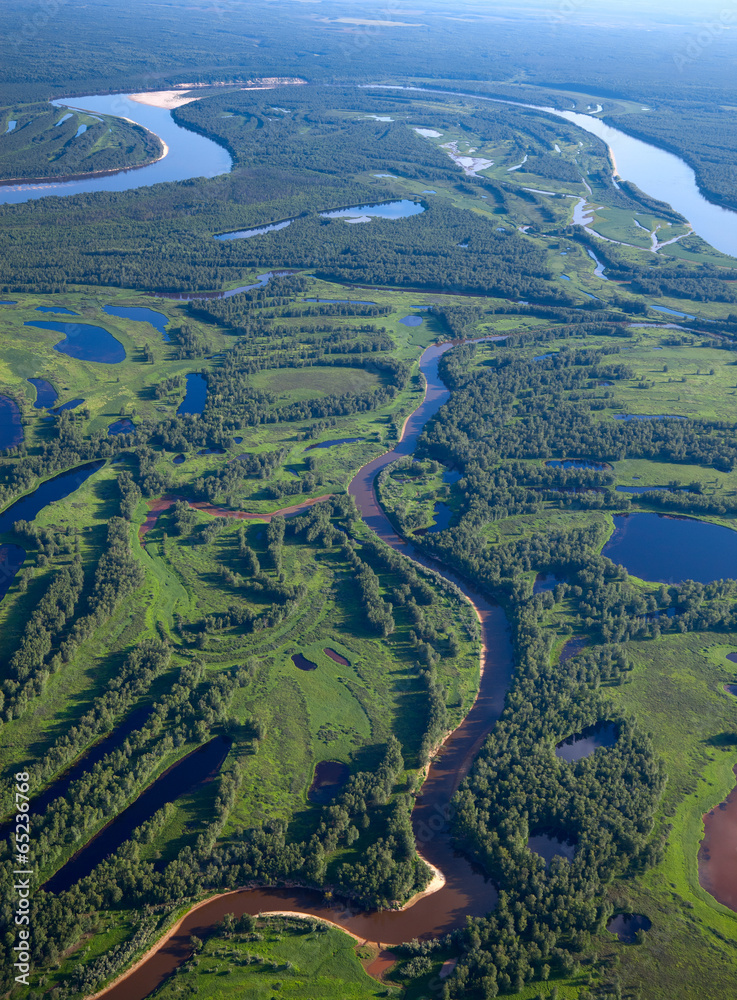 Top view of the forest river