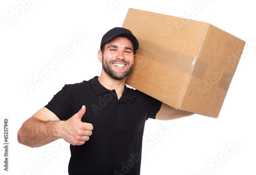 Canvastavla Smiling delivery man giving cardbox