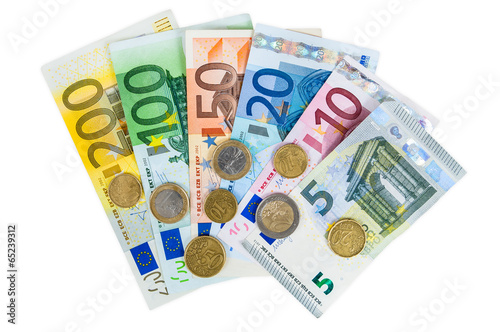 Set of euro banknotes and coins photo