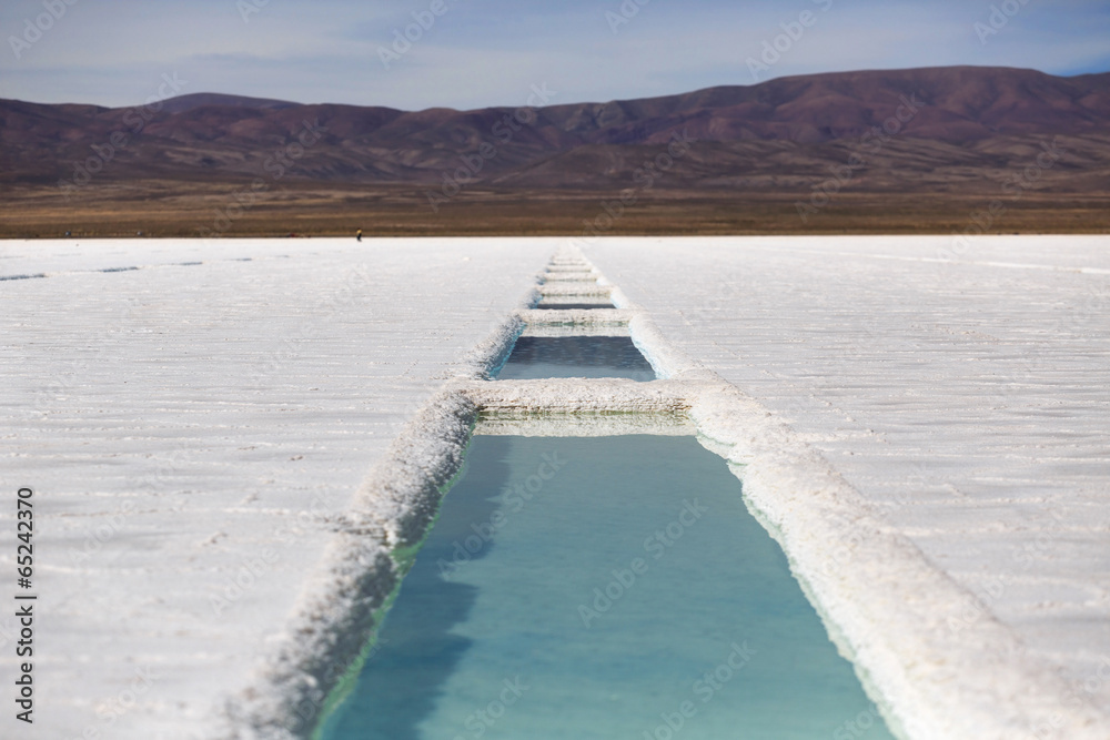 Water pool on the Salinas Grandes salt flats in Jujuy province,