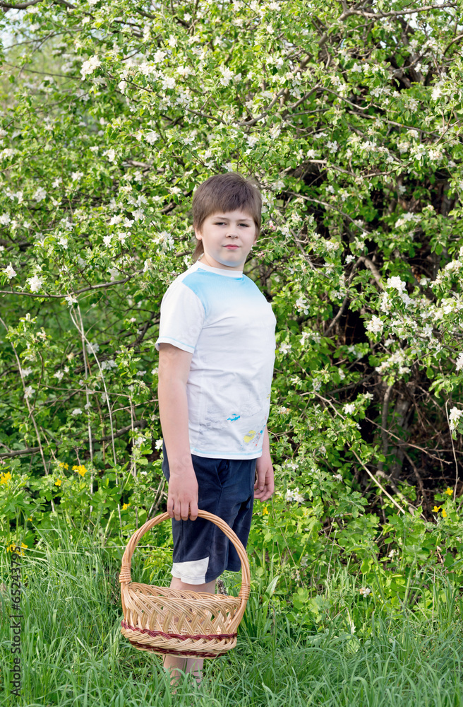 Fototapeta premium Boy with a wicker basket in the spring garden
