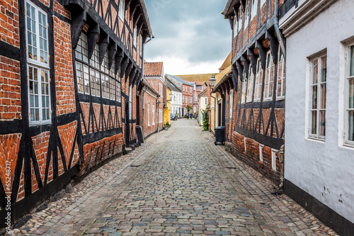 Street with old houses from royal town Ribe in Denmark