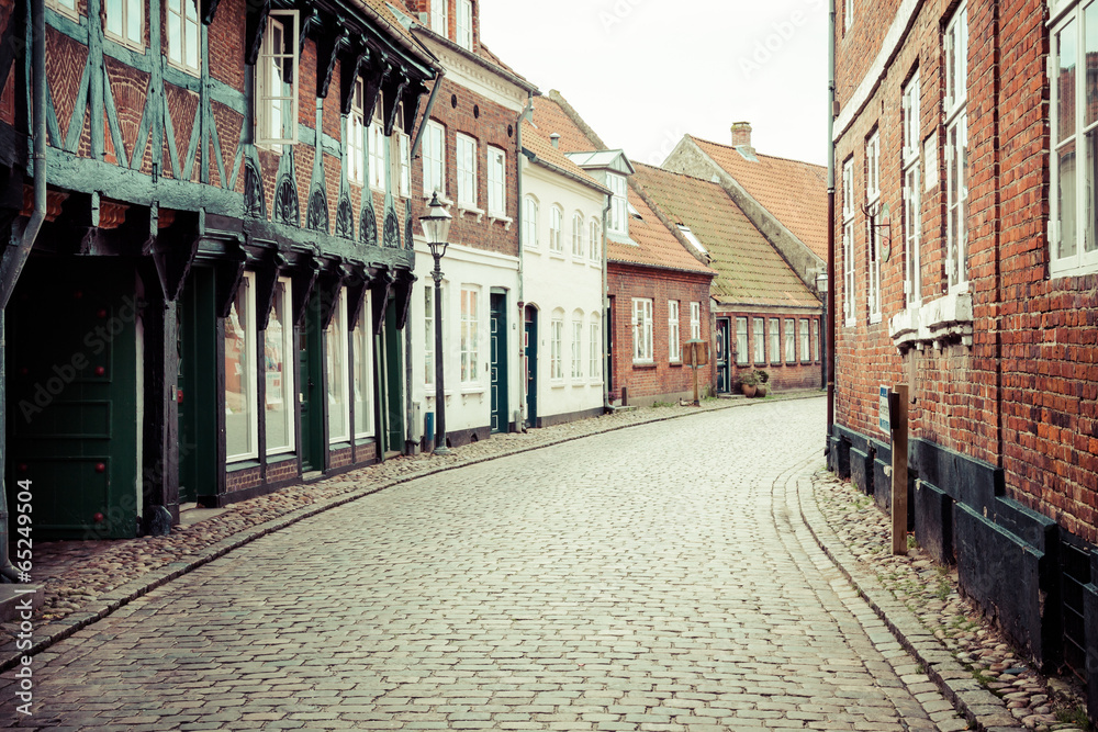 Street with old houses from royal town Ribe in Denmark