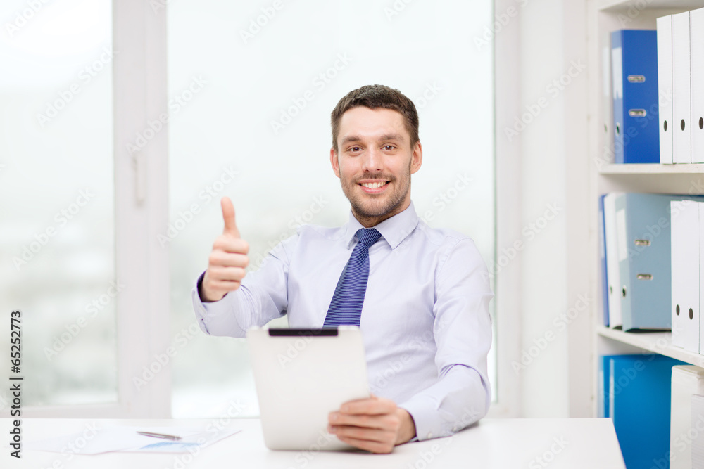 smiling businessman with tablet pc and documents smiling businessman with tablet pc and documents