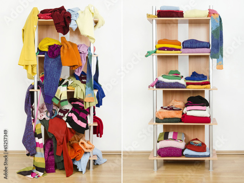 Before untidy after tidy wardrobe with winter clothes on a shelf