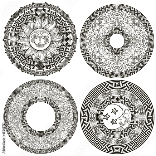 Set of decorative frames and rosettes with the Greek meander