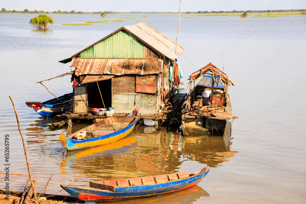 Fisherman floating house in tonle sap cambodia