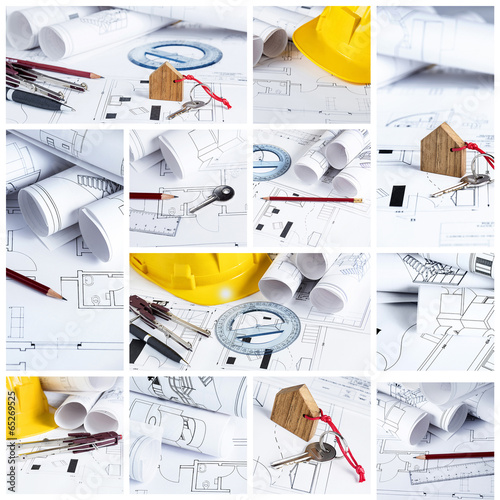 Blueprints, construction collage