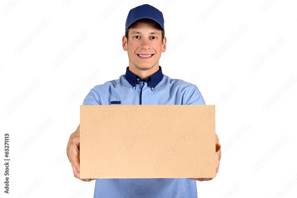 Handsome young delivery man portrait isolated on white. Handsome young delivery man portrait isolated on white.