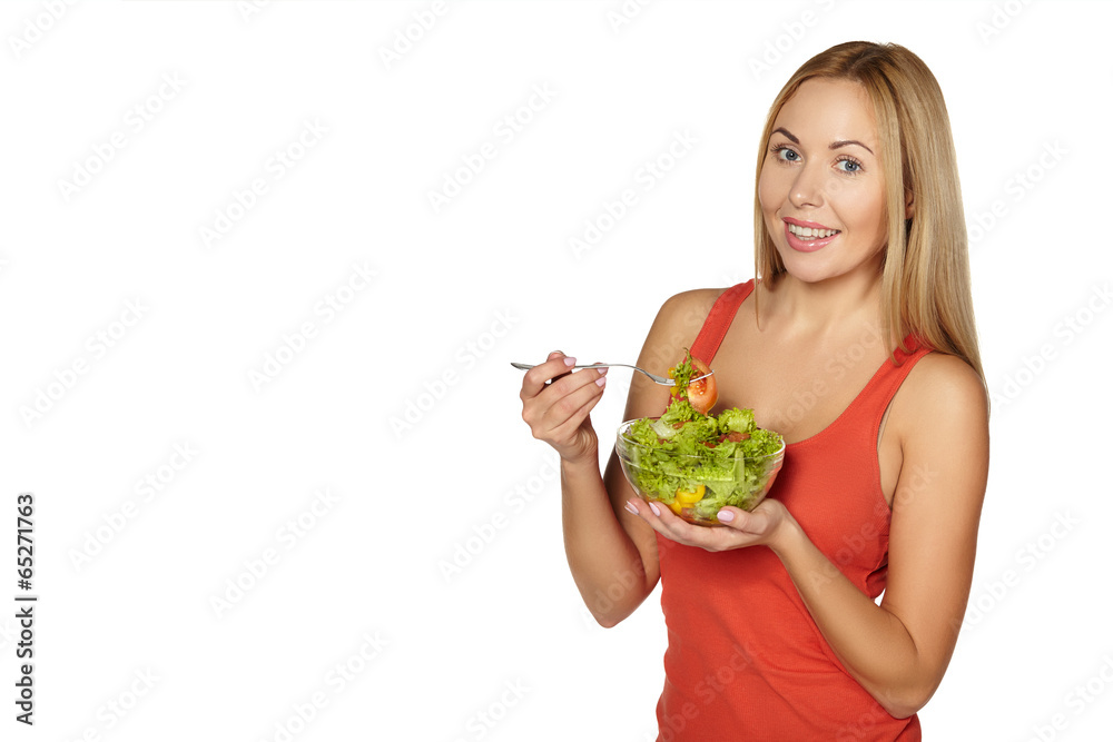 Woman diet concept portrait. Female hold salad.