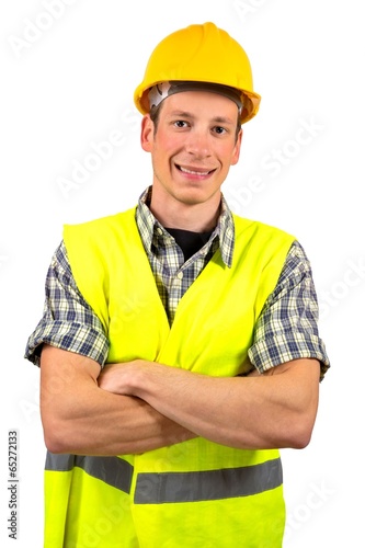 Construction worker smiling,isolated on white