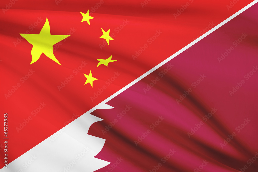 Series of ruffled flags. China and State of Qatar.