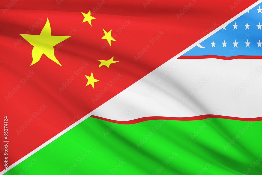 Series of ruffled flags. China and Republic of Uzbekistan.