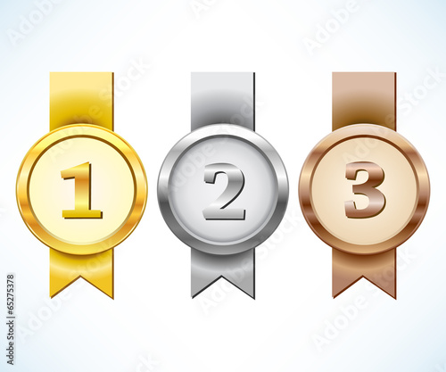 Gold, silver and bronze medal with ribbon