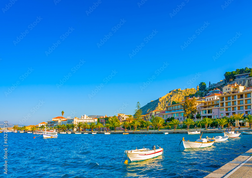 The port of Nafplio town in Greece with fishing boats