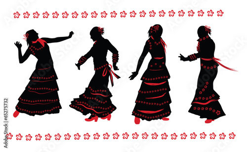 Woman dancing flamenco. Set of black and red silhouettes on whit