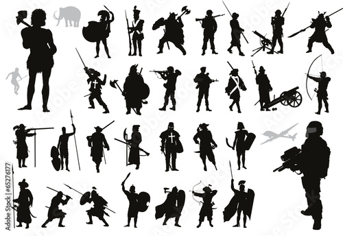 Warriors and soldiers high detailed silhouettes set. Vector