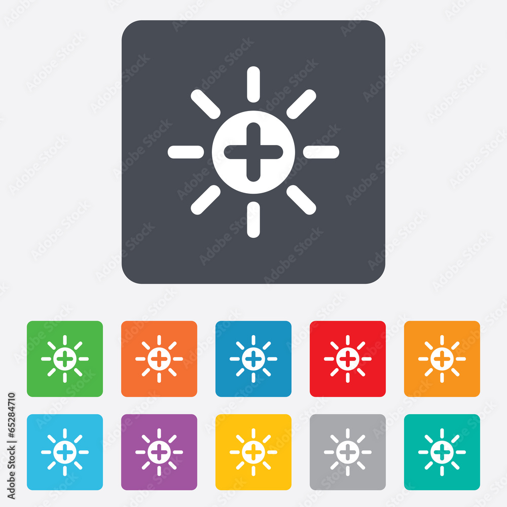 Sun plus sign icon. Heat symbol. Brightness. Sun plus sign icon. Heat symbol. Brightness.
