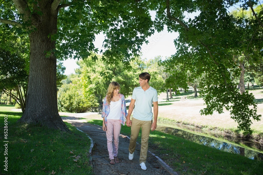 Cute affectionate couple walking hand in hand in the park Cute affectionate couple walking hand in hand in the park