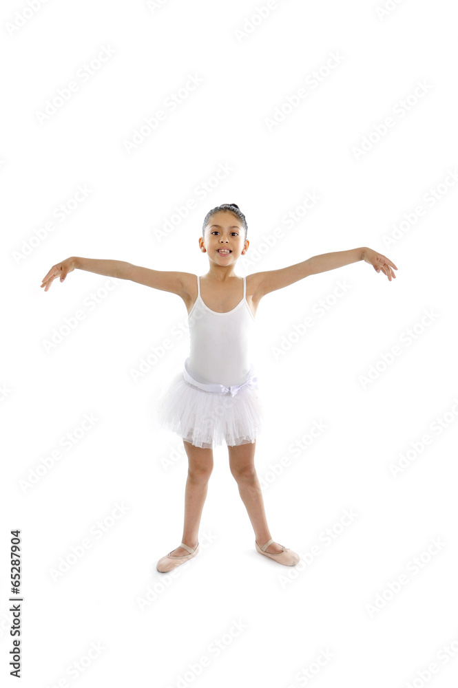 young cute little girl ballet dancer dancing on white tutu