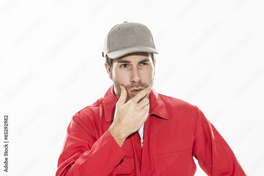 closeup portrait of a man with expressive face in workwear