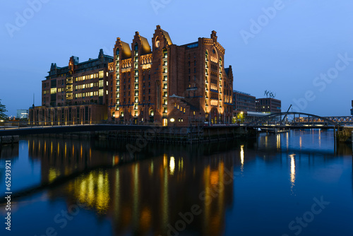 Old building in speicherstadt in Hamburg by night.