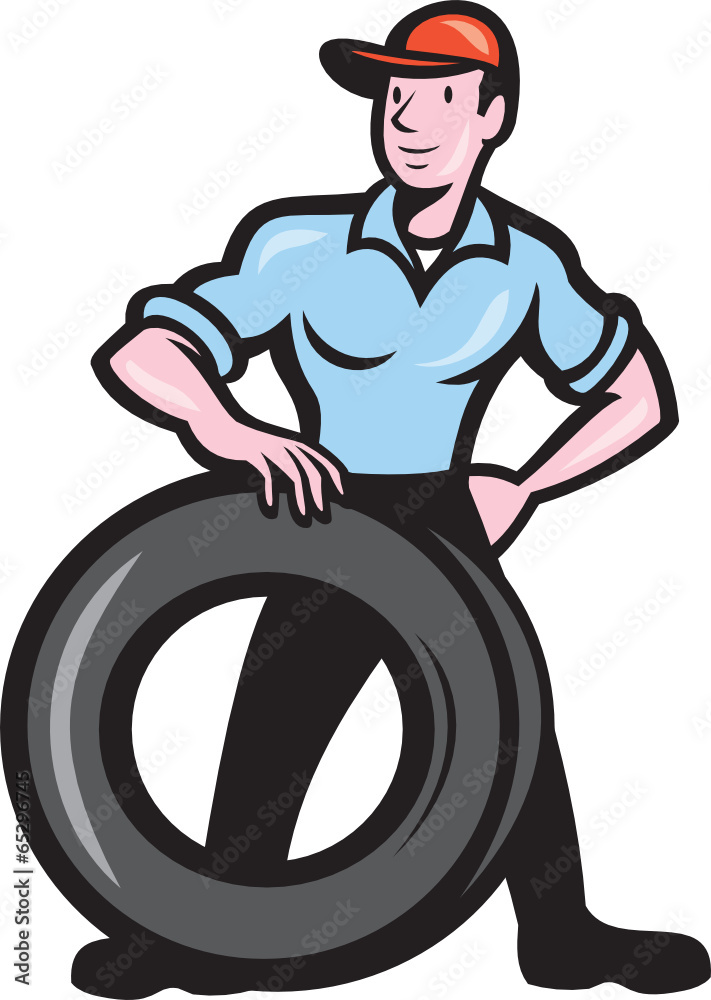 Tireman Mechanic With Tire Cartoon Isolated Tireman Mechanic With Tire Cartoon Isolated