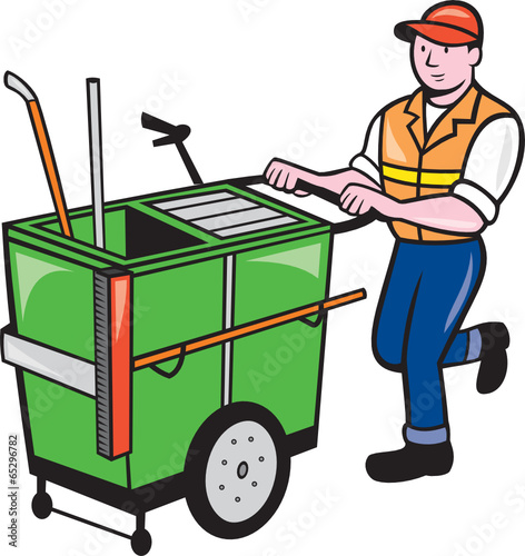 Street Cleaner Pushing Trolley Cartoon Isolated