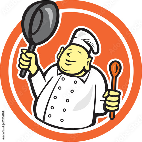 Fat Buddha Chef Cook Holding Pan Circle Cartoon