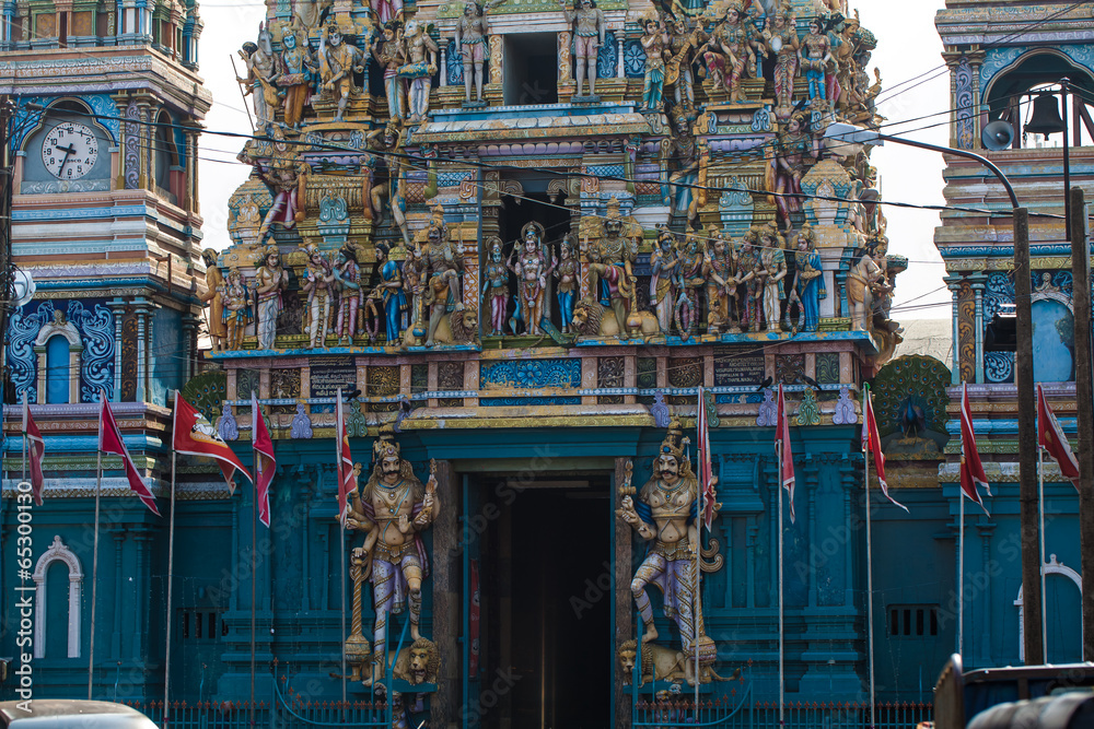 Facade of a Hindu temple in Sri Lanka with sculptures of deities