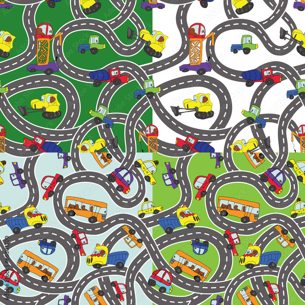 Obraz premium Funny cartoon Doodle seamless pattern set.Child's hand draw cars