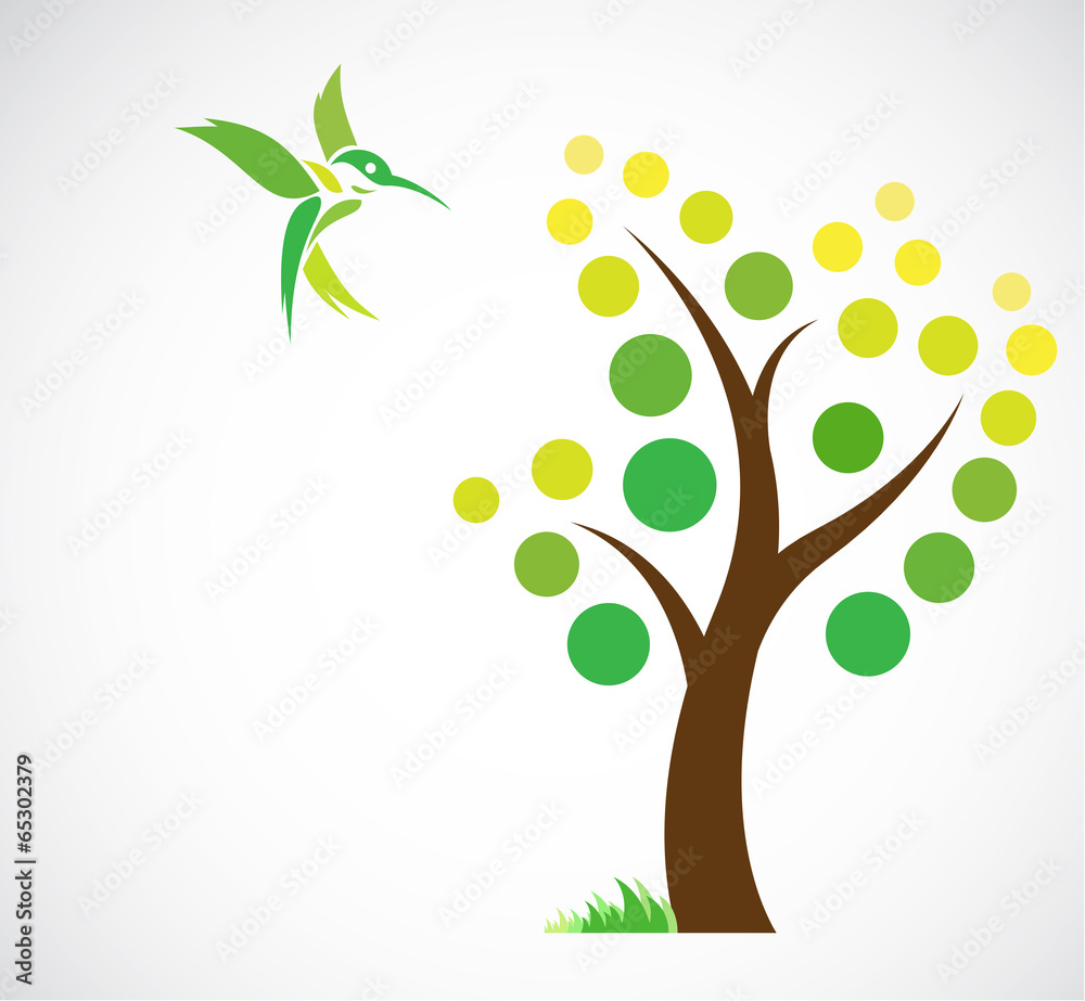 Obraz premium Vector design of trees and hummingbird