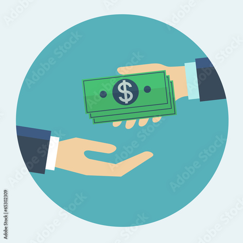 Hand giving money to other hand flat design vector illustration