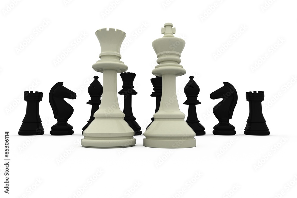 White king and queen standing in front of black pieces White king and queen standing in front of black pieces