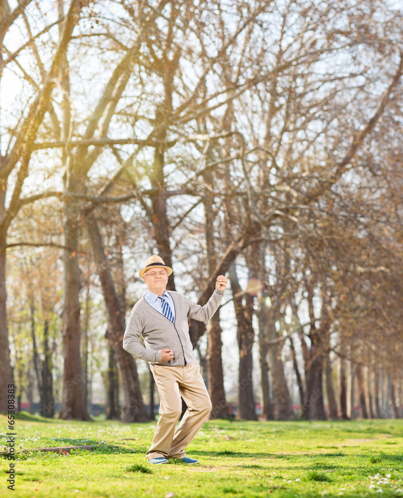 Senior man playing air guitar in the park Senior man playing air guitar in the park