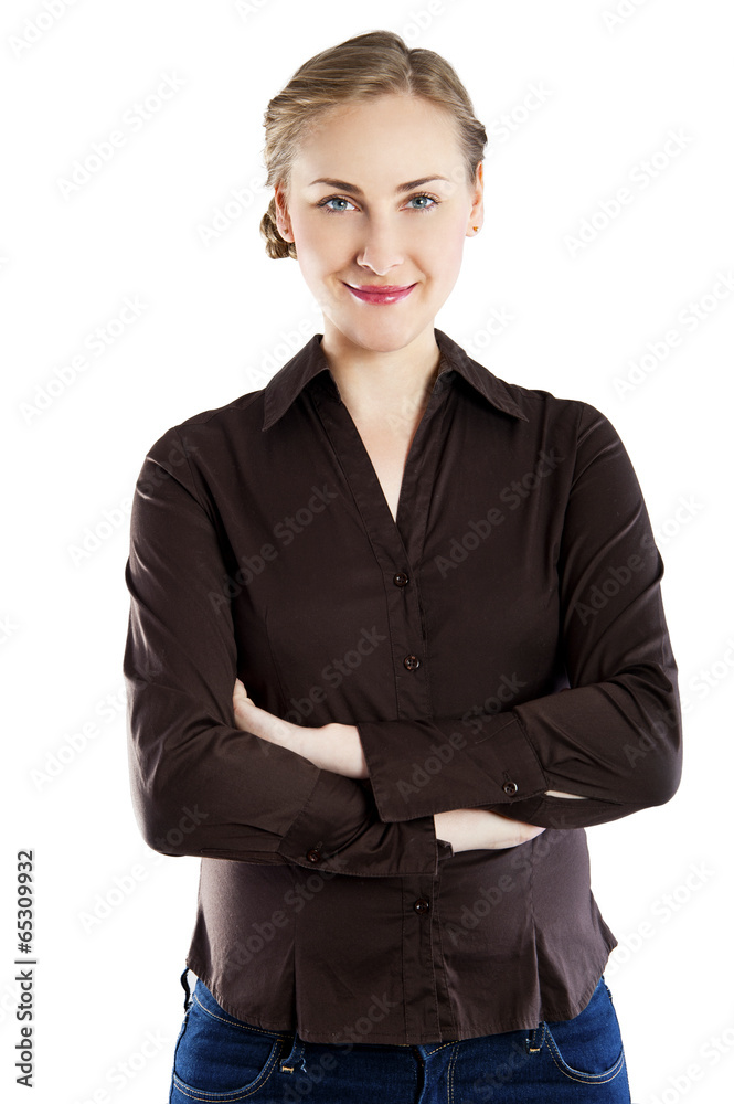 Smiling business woman with folded hands against white backgroun Smiling business woman with folded hands against white backgroun