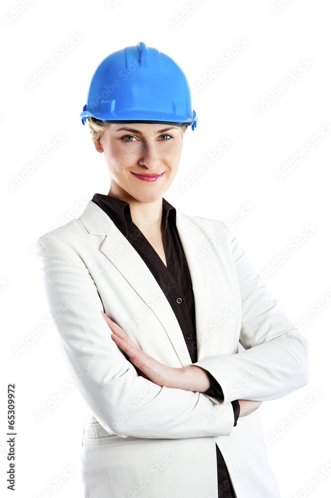 Happy Female Architect Standing Over White Background Happy Female Architect Standing Over White Background