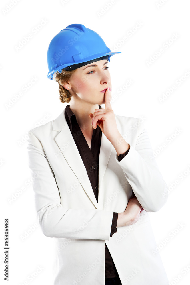 Business woman architect manager isolated on white background po Business woman architect manager isolated on white background po