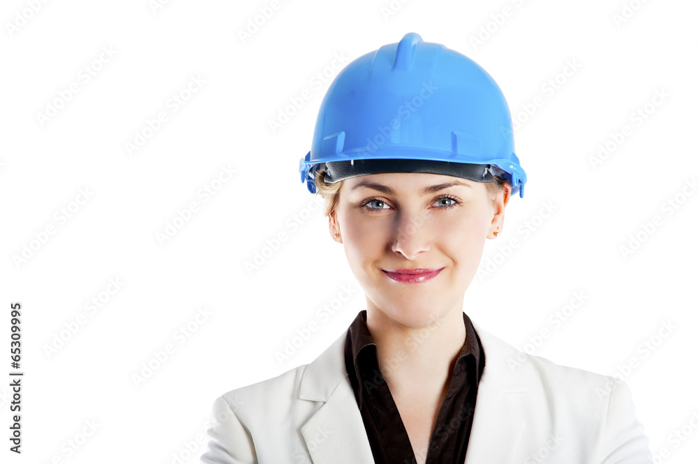 photo of female constructor or architekt with hard hat over whit photo of female constructor or architekt with hard hat over whit