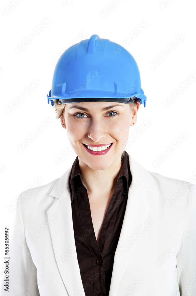 photo of female constructor or architekt with hard hat over whit photo of female constructor or architekt with hard hat over whit