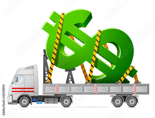 Transportation of dollar symbol. Sign of money in back of truck