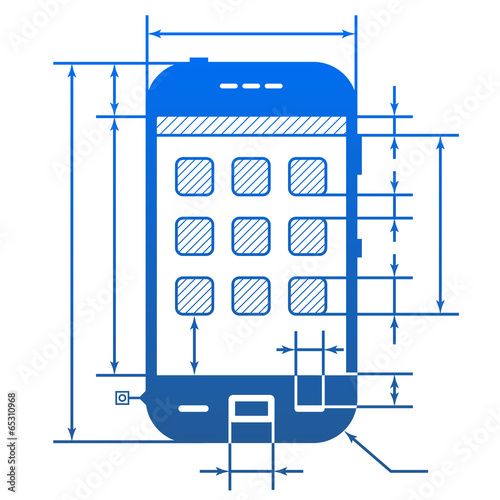 Smartphone symbol with dimension lines for blueprint drawing