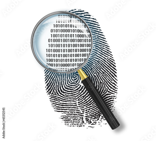 Magnifying glass over finger printlike shape made of binary code photo