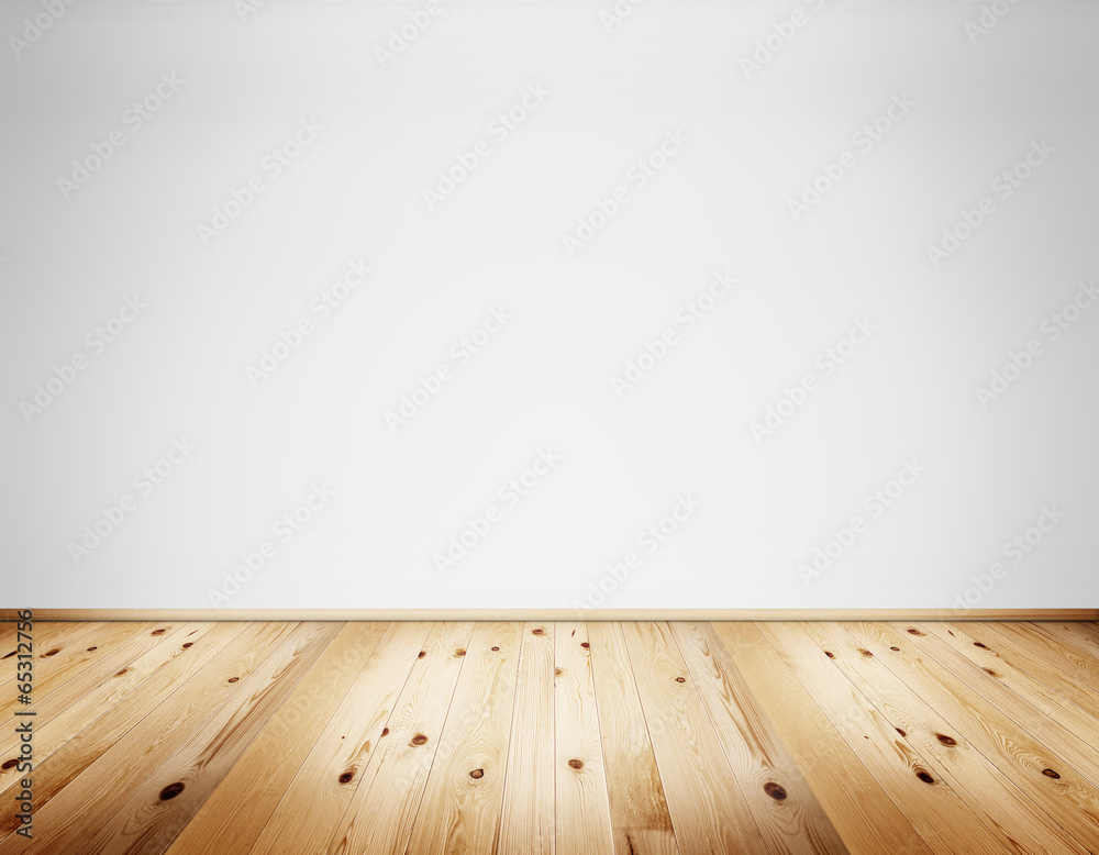 Empty clean interior with white wall and wooden floor Empty clean interior with white wall and wooden floor
