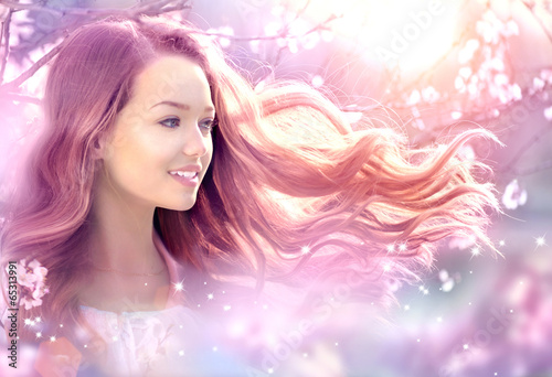 Beautiful Girl in Fantasy Magical Spring Garden