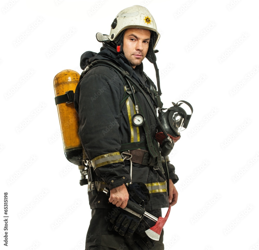 Firefighter with axe and oxygen balloon isolated on white Firefighter with axe and oxygen balloon isolated on white