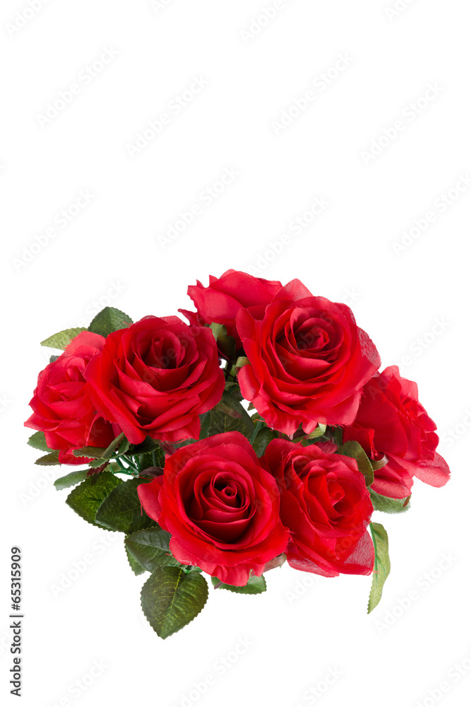 Bouquet of artificial red roses, isolated, space for copy on the Bouquet of artificial red roses, isolated, space for copy on the